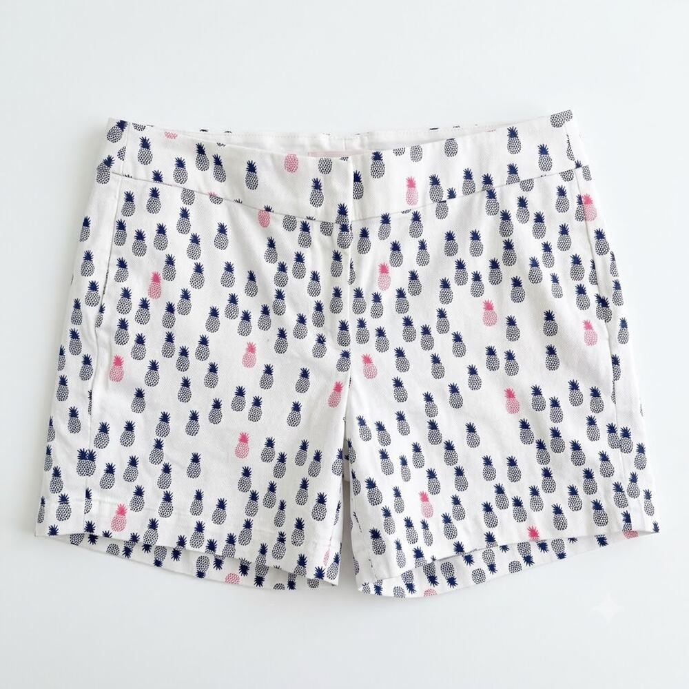 J CREW Pineapple Print Chino Shorts White Blue Red Mid Rise Cotton Womens 10